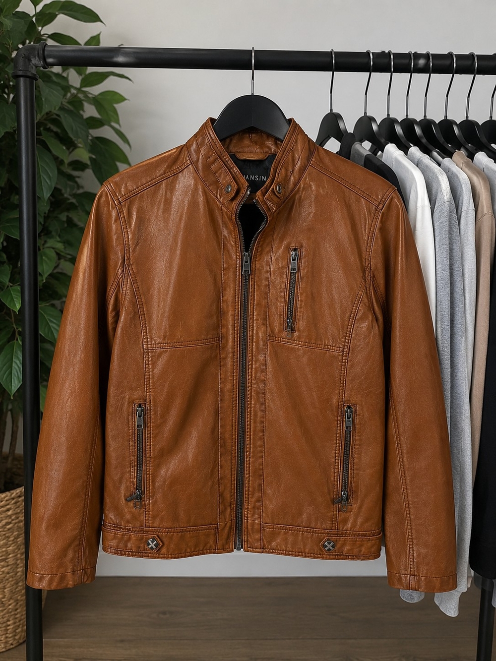 Mens BrownFaux  Leather Jacket - Classic Zip Front